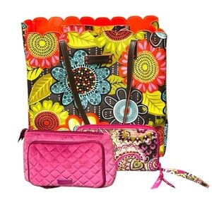 Vera Bradley ‘Flower Shower’ Tote Set + Rosy Orchid Pink Cosmetic Bag & Wallet